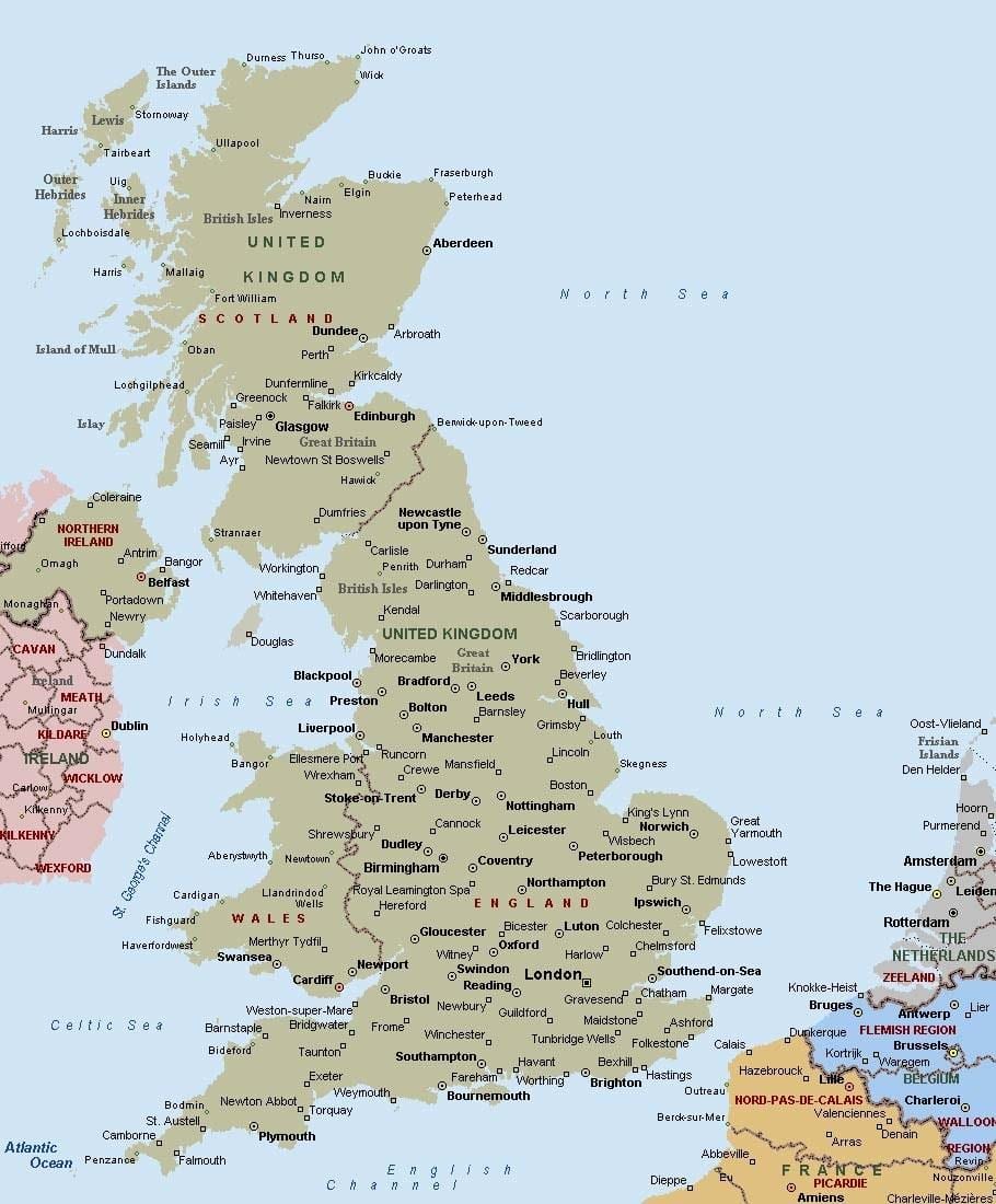 mapa de gran Bretaña con las ciudades