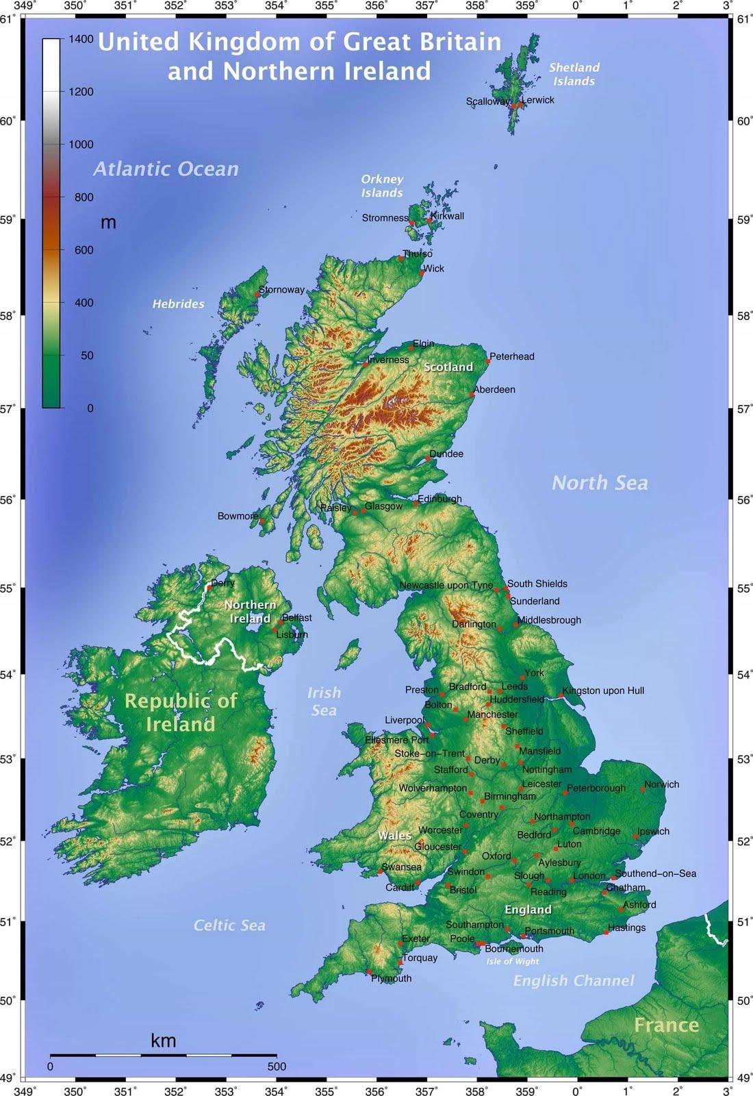 Gran bretaña mapa topográfico